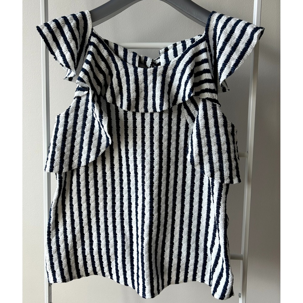 Eva Franco Anthropologie Striped Ruffle Top‎ Flutter Sleeve Size XS Blue & White